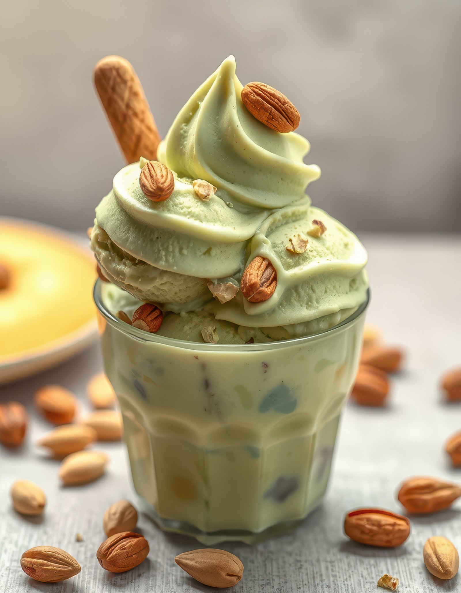 Delicious creamy green almond frosty dessert with crunchy almonds and a wafer on top served in a glass cup